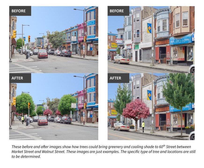 Two different perspectives showing how 60th St looks now with text saying "Before" and a second image showing trees added to the same locations on 60th Street with the text "After"